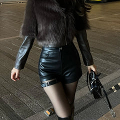 pantsparadises Sexy Black Pu Leather Shorts Women's Autumn and Winter Tight Gothic High Waist Shorts Street Fashion Y2K Hot Girl Outfit