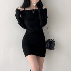 pantsparadises FALL OUTFITS Y2K Women Knitted Mini Dress Korean Sexy Off Shoulder Female Dress Spring New Spaghetti Strap Long Sleeve Ladies Vestidos