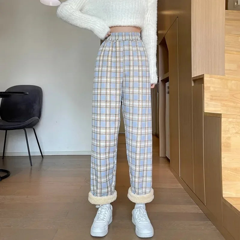 pantsparadises Fashion Warm Plush Pants Cashmere Thick Plaid Ladies Winter Casual Loose Wide-legged Pants Korean Streetwear Students