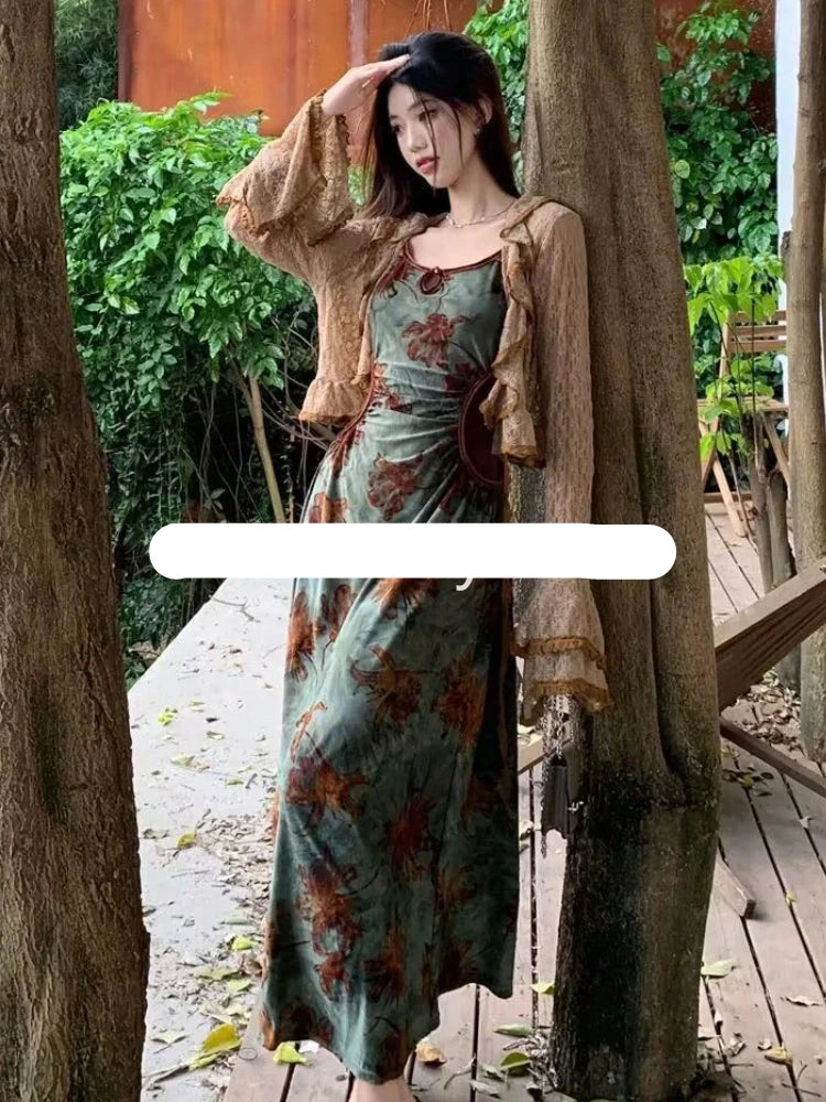 pantsparadises DRESS TO IMPRESS Vintage Elegant Floral Slip Dress Women Hollow Out Designer Korean Velvet Long Dress Female Autumn Matching Two Piece Dress Set