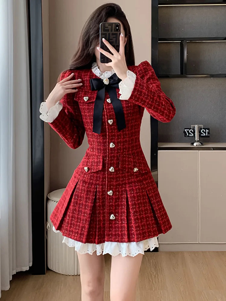 pantsparadises French Light Luxury Tweed Pleated Dress Korean Sweet Long Sleeve Heart-shaped Buckle Ruffle Chic Office Ladies Vintage Dresses