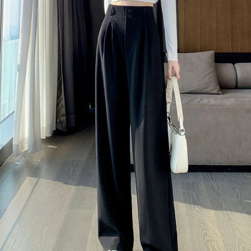 pantsparadises Women’s Wide Leg Pants Women Korean Style High Waist Black Trouser Office Ladies Fashion Loose Grey Suit Trousers Streetwear