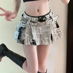 pantsparadises American Printed Pleated Skirts Autumn New Low Waisted A-line Skirt for Women Y2k Grunge Faldas Mujer Newspaper