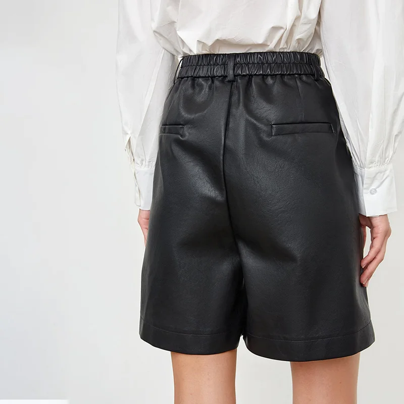 pantsparadises Pu Leather Women Shorts Button Quality Wide Leg Faux Leather Shorts England Style High Waist Loose Shorts Femme Womens Clothing