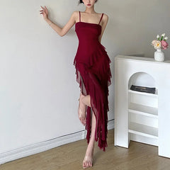 pantsparadises DRESS TO IMPRESS New Sexy Backless Lace-up Sling Dresses Summer High Waist Women's Dress Solid Slim Fashion Slash Neck Ruffled Midi Dress