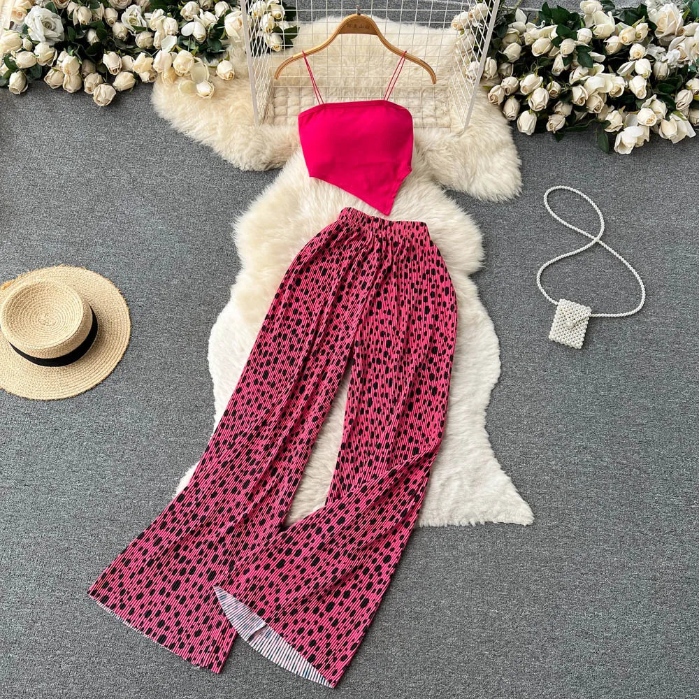 pantsparadises Summer Spaghetti Strap Crop Tops and Pantsuit Women Elegant Floral Casual Chic Beach Holiday Outfits Female Sexy 2 Pieces Set