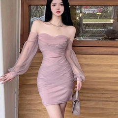 pantsparadises French Sexy Halter Mesh Party Strapless Dress Women Spring Elegant Long Sleeve Slim Waist Wrapped Short Dresses Vestido