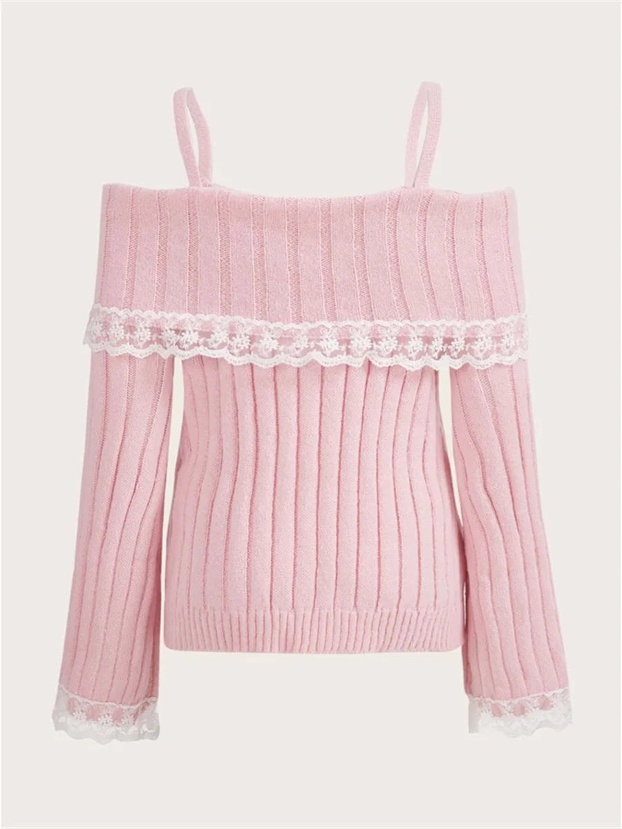 pantsparadises WINTER OUTFITS Grunge Women Off Shoulder Knit Sweater Pink Pullover Sweet Pullovers  Long Sleeve Bow Lace Patchwork Jumpers Y2k Streetwear