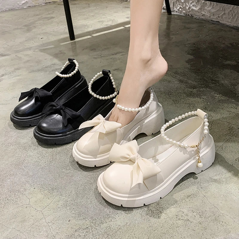 pantsparadises Fashion Mary Jane Shoes Women Spring/summer New Pearl Bow Single Shoe Chunky Heel Small Leather Shoes