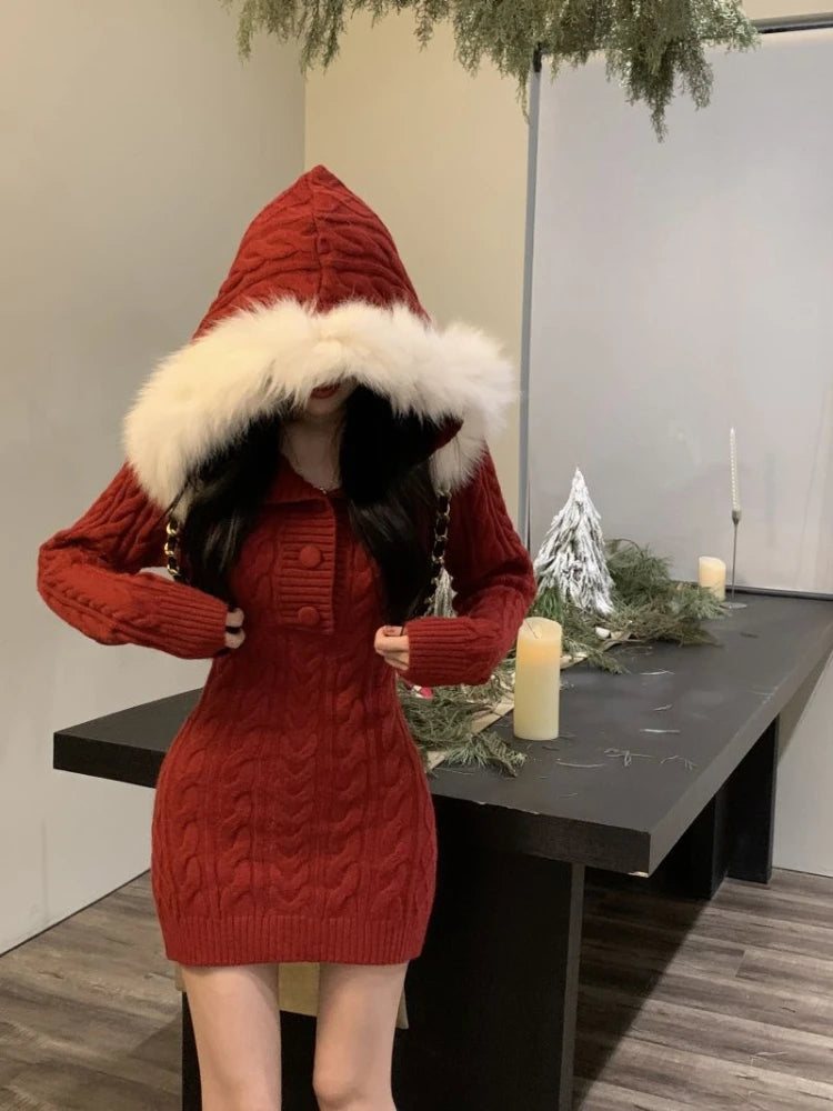 pantsparadises Winter Knitted Sweater Dress Hooded Women Slim Bodycon Y2k Mini Dress Faux Fur Female One Piece Dress Korean Elegant