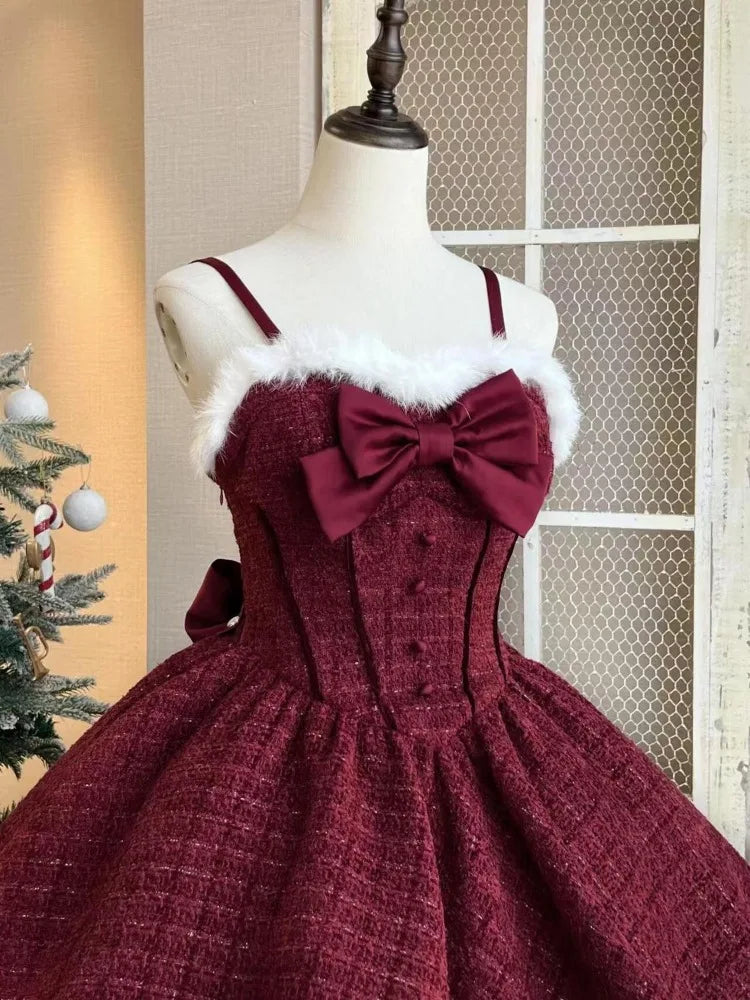 pantsparadises Christmas New Year 3 Piece Set Sweet Lolita Style Dress Sets Womens Elegant Chic Bow Plush Shawl Short Jackets Mini Skirts Suit