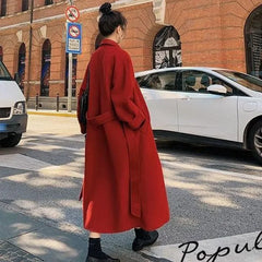 pantsparadises New Large Size Hepburn Style Red Woolen Coat for Women Autumn and Winter Fat Mm Loose Long Thick Woolen Coat