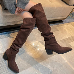 pantsparadises Designer Vintage Women Knee High Boots Fashion Slip On Long Booties Autumn Winter Thick Heels Ladies Shoes