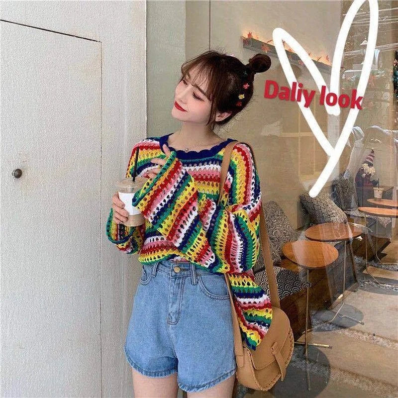 pantsparadises Rainbow Ladies Sweater Kawaii Tops with Headings Harajuku Crochet Knitted Sweaters for Women Cute Cashmere Autumn Trend New