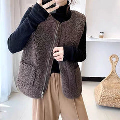 pantsparadises casual winter outfits Women Warm Faux Lamb Fur Sleeveless Coat With Pockets Zipper Casual Cardigan traf Jackets Office Coat Vest Winter Autumn