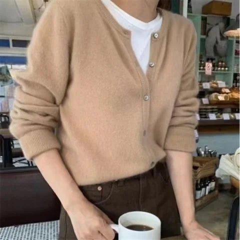 pantsparadises Cold Weather Outfits Fall Solid Color Knitted Cardigan Women Korean Single Breasted Long Sleeve Jumper Woman Round Neck All Match Sweater Outwear Top