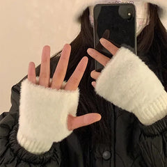 pantsparadises Mink Fleece Soft Winter Half Finger Gloves Women Warm Luxury Solid White Plush Knitted Fingerless Gloves Wrist Mittens Writting