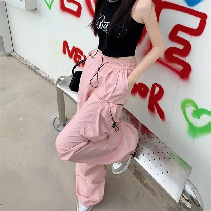 pantsparadises Y2K Parachute Black Pants Women Hippie Streetwear Oversize Pockets Cargo Trousers Harajuku Wide Leg Baggy Sweatpants