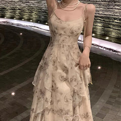 pantsparadises Elegant Holiday Dresses for Women Long Floral Chiffon Midi Dress Sleeveless Vintage Dress Fairy Slim Party Casual