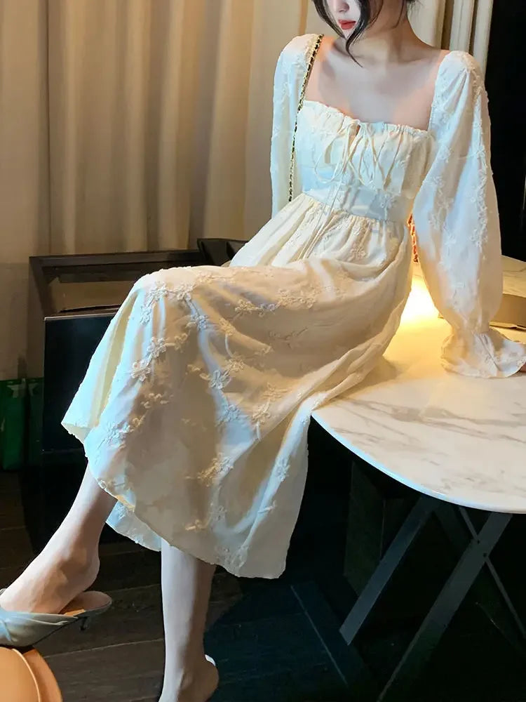 pantsparadises DRESS TO IMPRESS Spring Elegant Long Fairy Dress Women Sweet Embroidery Flare Sleeve Casual Dress Office Lady Fashion Korean Party Dress Y2k