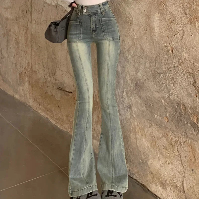 pantsparadises trashy outfits  Pockets Vintage High Waist Skinny Jeans Female Hong Kong Style Denim Bell Bottom Pants Spicy Girl Blue Oversized Boot Cut Jeans