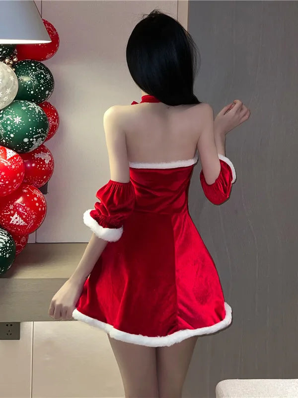 pantsparadises Sexy New Year Christmas Red Spicy Girl Plush Sex Mini Dress Girl Hot Sexy Korean Women Spice Girls Uniform New Top