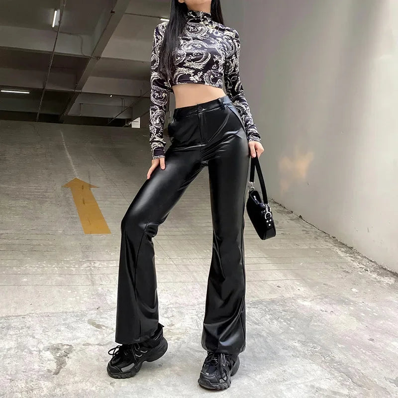 pantsparadises leather pants outfits winter Women's Y2K Slim Fit Solid Flare Pu Leather Long Pants Button High Waist Elastic Trousers with Pockets Party Clubwear