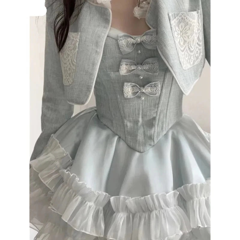 pantsparadises Blue Sweet Kawaii Lolita Style Dress Sets Women Elegant Short Coat Bow Pearl Party Mini Dresses Suit Korean Y2k Sexy 2 Piece Set