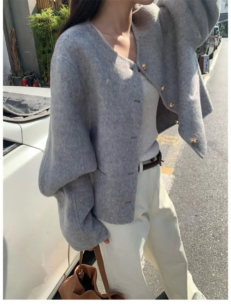 pantsparadises Short Woolen Jackets Autumn/Winter Korean-Style Metal Single Breasted Round Neck Loose Rabbit Hair Women Wool Coats