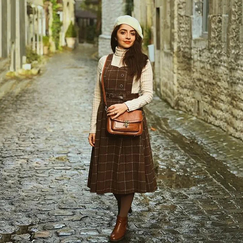 pantsparadises DRESS TO IMPRESS Vintage Korean Two Piece Set Dress Women Autumn Winter Plaid Woolen Spaghetti Strap Dress With Belt Long Sundress Vestidos