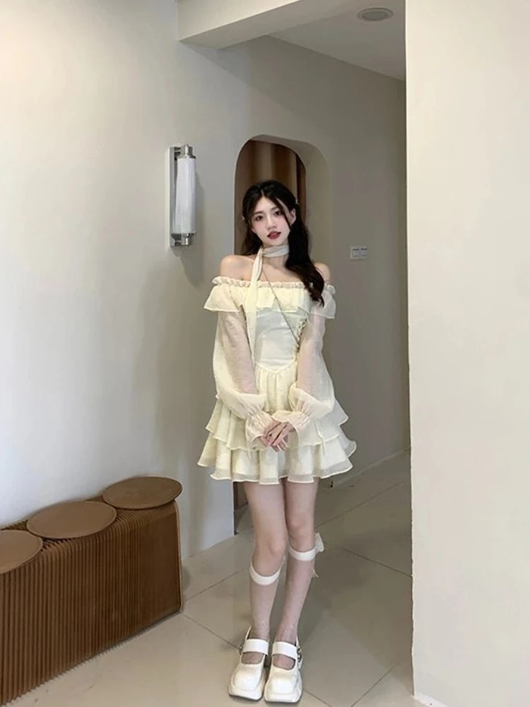 pantsparadises Summer Elegant Ruffles Fairy Dress Women Casual Sweet Lolita Party Dress Long Sleeve One Piece Dress Korean Female Fashion