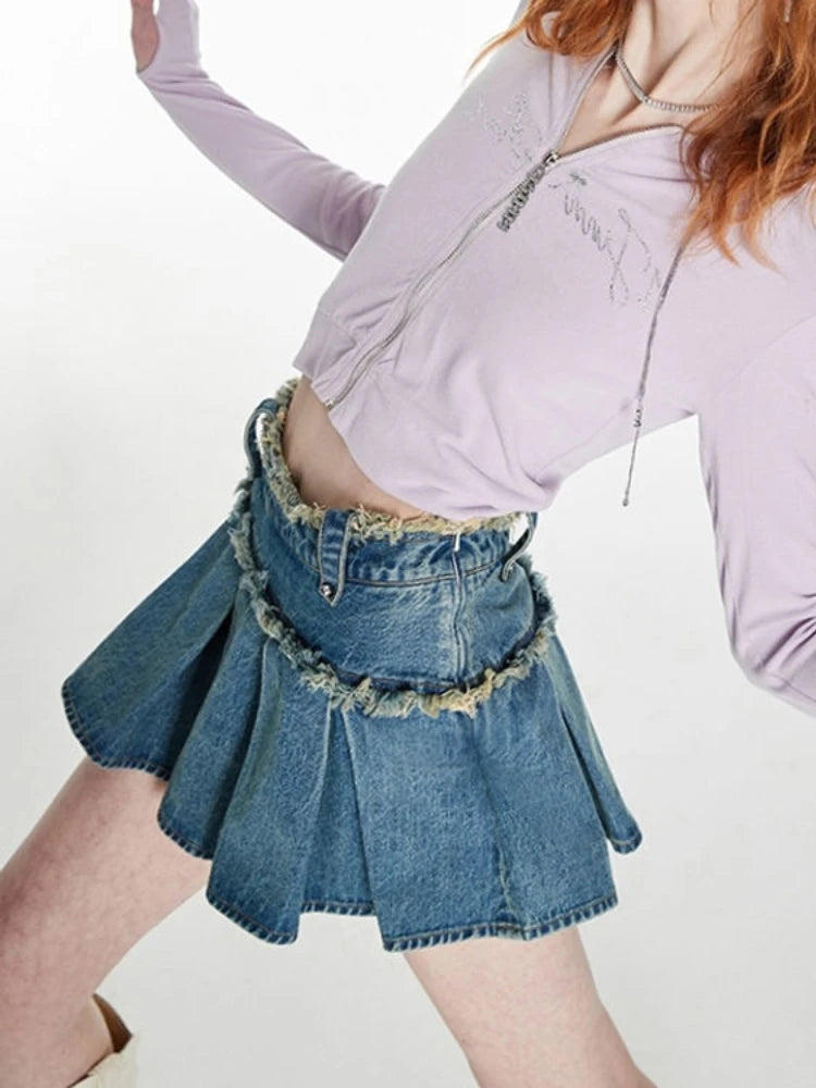 pantsparadises Streetwear Pleated Skirt Denim Women Sexy Y2k Mini Skirt Summer Chic High Waist Korean Fashion Slim Aesthetic Harajuku