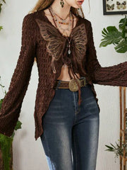 pantsparadises Lace Butterfly Patchwork Cardigan Top for Women Y2K Aesthetics Brown Bandage Long Sleeve T Shirts Grunge Fairycore