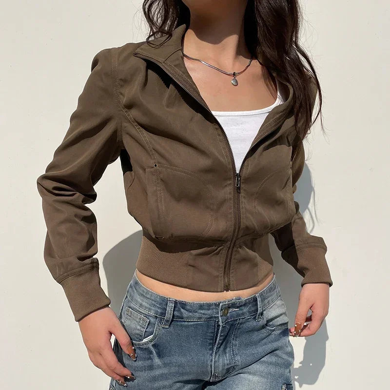 pantsparadises Casual Long Sleeves Pockets Cargo Coats Vintage Solid Slim Jackets Y2K Fashion Streetwear Aesthetic Zip Up Clothes