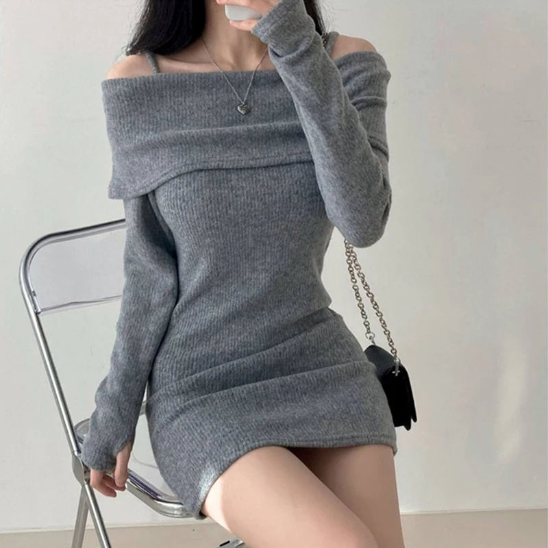 pantsparadises FALL OUTFITS Y2K Women Knitted Mini Dress Korean Sexy Off Shoulder Female Dress Spring New Spaghetti Strap Long Sleeve Ladies Vestidos