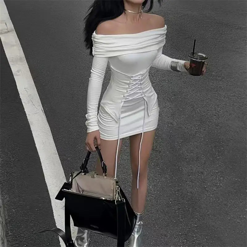 pantsparadises DRESS TO IMPRESS Autumn White Dresses Women Y2k Sexy Off Shoulder Fake Two Piece Solid Slim Fashion Dress Long Sleeves Lace Up Mini Dress Bodycon