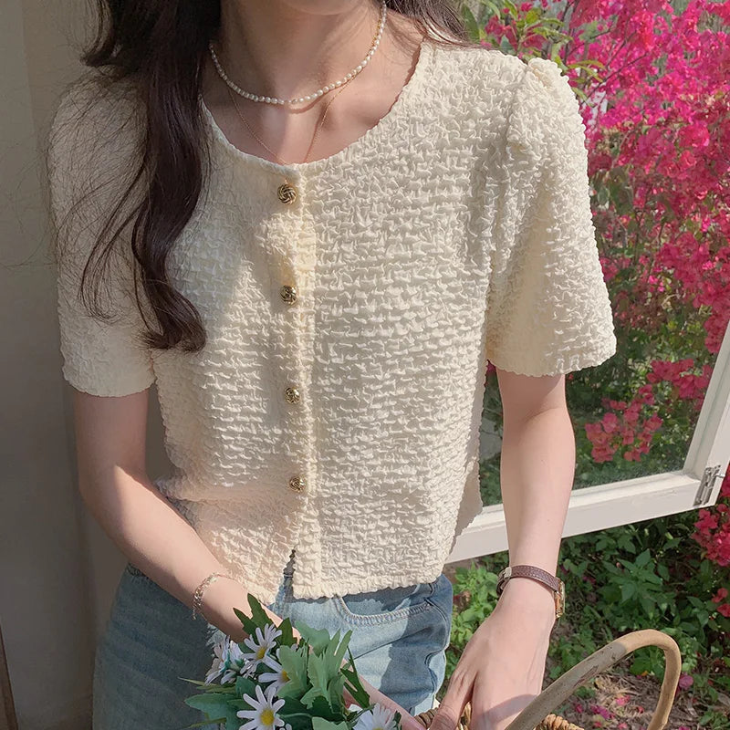 Korean Chic O-neck Short Sleeve Shirt Women Fashion Buttons Slim Short Tops Female Blouse Ladies Elegant Summer Blouses