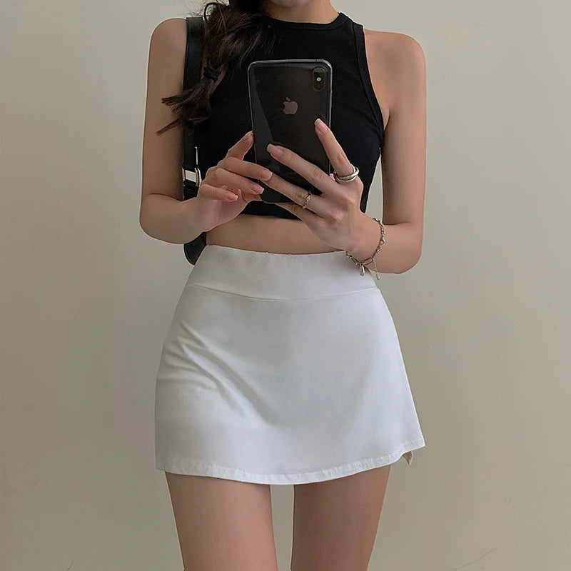 Black White Split Mini Skirts Women Summer Sexy Girls Sporty High Waist Slit Skirt Casual Fashion Slim A Line Skirt