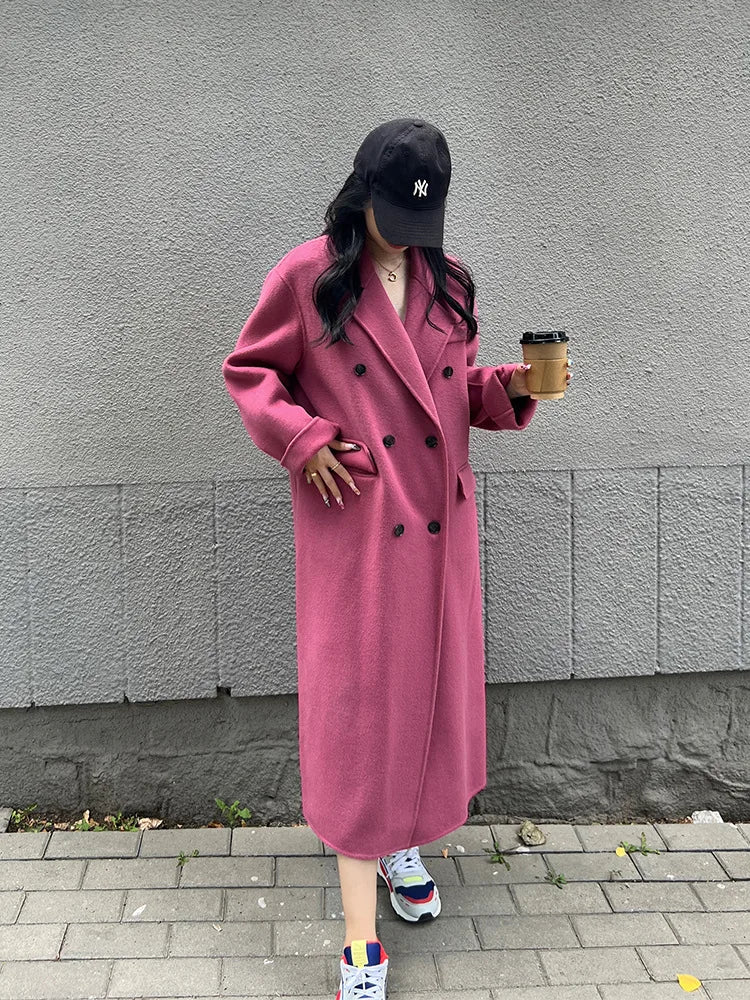 pantsparadises Office Lady Suit Collar Long Woolen Jackets Winter Korean Style Double Breasted Long Loose Women 100% Wool Coats