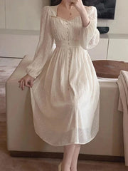 Women Fashion Elegant White Midi Dresses Vintage Princess Female Party A Line Clothes Vestdios