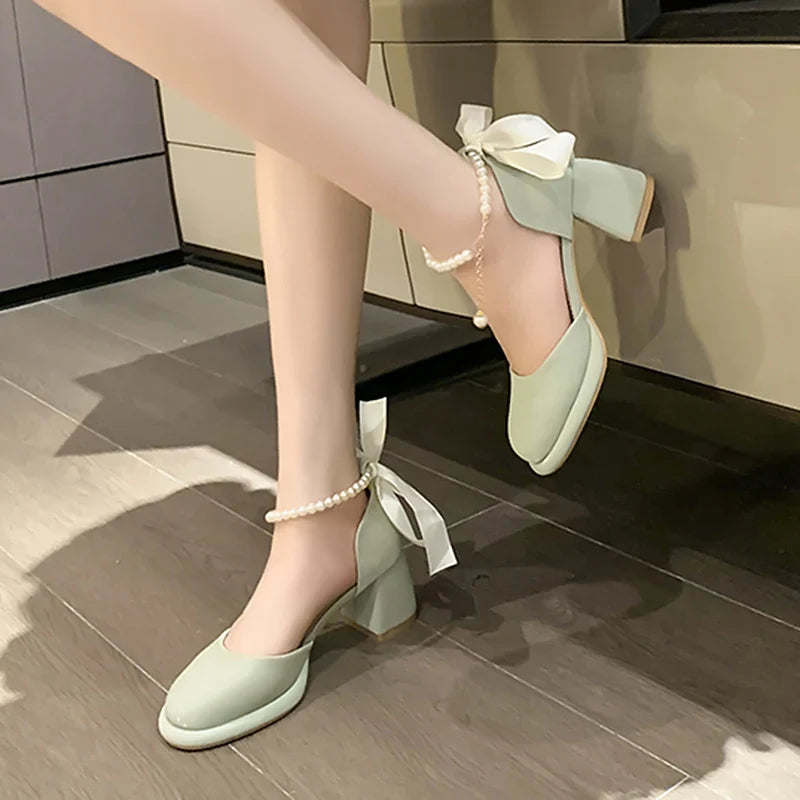 pantsparadises Pearl Ankle Buckle Thick Heel Pumps Women Back Bowtie Lace Up Mary Jane Shoes Woman Autumn Platform High Heels Dress Shoes