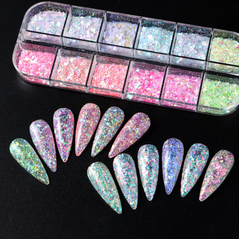 pantsparadises 12 Grids Aurora Chameleon Nail Glitter Flakes Irregular Crystal Glass Sequins Powder Shiny Mermaid Paillette Nail Art Decoration