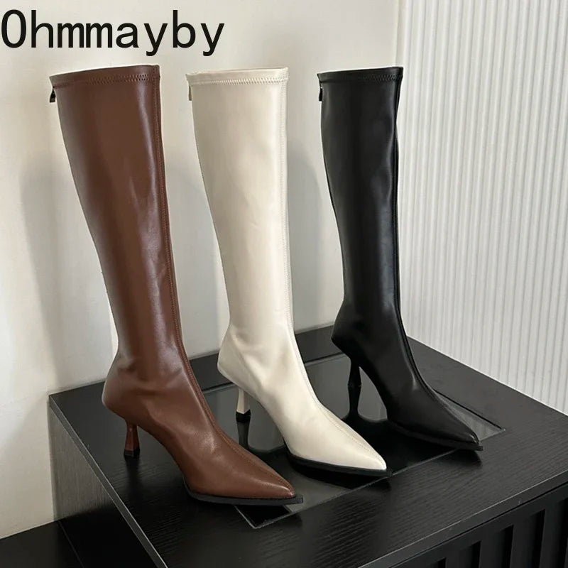 pantsparadises Soft Leather Pointed Toe Knee High Boots High Heels Zipper Women Pumps Ladies Long Stretch Modern Boots