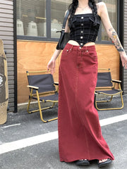 pantsparadises Women's Red Split Back Denim Skirt Summer Chic Design Street Style Solid Color Female Straight Floor Length Long Skirts