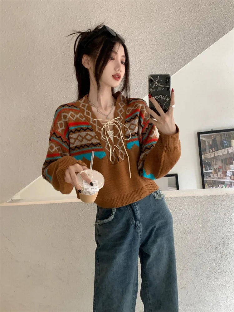 pantsparadises Vintage Sweaters Women Lace-up Elegant Cozy V-neck Trendy Ladies BF Style Pullovers Ulzzang Knitwear Classic High Street Autumn