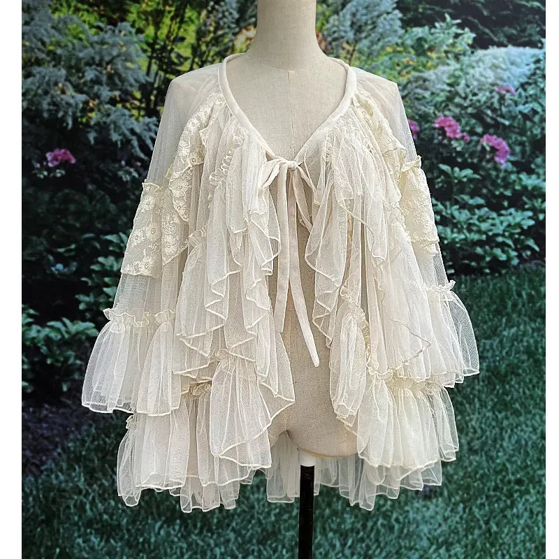 pantsparadises Double Layered Lolita Waist Curtain Sheer Cover Up High Low Skirt w. Asymmetrical Ruffles