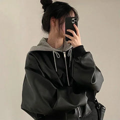 pantsparadises outfit inspo winter Fashion Hooded Loose Leather Jackets Women Fashion Faux Leather Coats Spring Autumn Korean PU Jackets