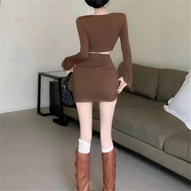 pantsparadises Autumn Sexy Two Pieces Skirt Set Women Y2k Long Sleeve Crop Top T-shirt + Skirt Fashion Aesthetic Streetwear Female Suit