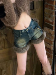 pantsparadises Fur Feather Patchwork Denim Shorts Women Sexy High Street Jean  Female Tassel Hem Irregular Short Jeans Y2k