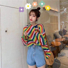 pantsparadises Rainbow Ladies Sweater Kawaii Tops with Headings Harajuku Crochet Knitted Sweaters for Women Cute Cashmere Autumn Trend New